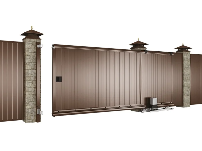 Купить откатные уличные ворота стандартных размеров в алюминиевой раме с заполнением сэндвич-панелями SLG-S в Алматы